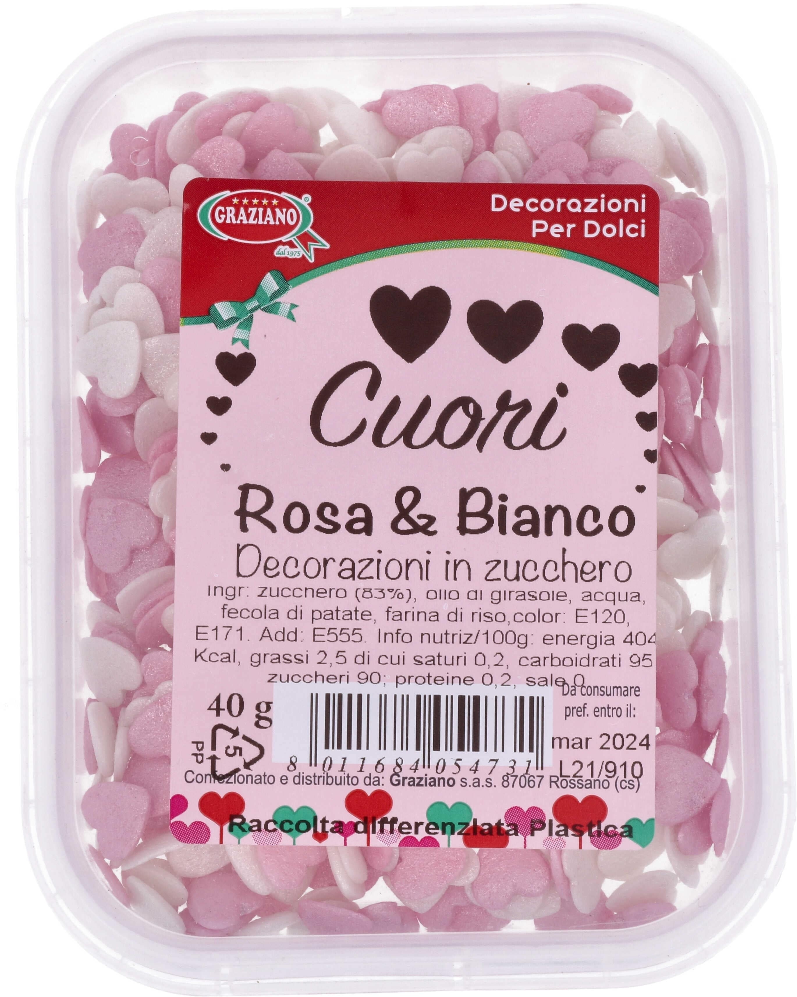 Decorazioni in zucchero CUORICINI rosa e bianchi 40gr
