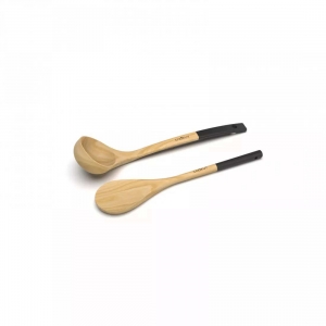 Mestolo e Cucchiaio in legno con manico nero grafite - set 2 utensili Cookut
